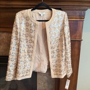 Tan gold sequin geometric open blazer jacket special event formal NWT $259 sz 4
